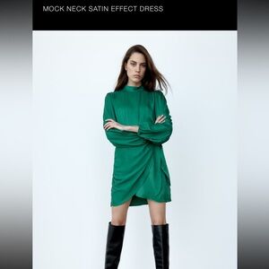 Zara green mock neck satin effect dress size M